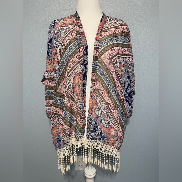 Anthropologie Tops - Anthropologie Eyeshadow Paisley Boho Kimono Lace Fringe Open Front Western Large